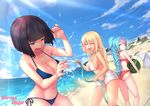  ^_^ ^o^ ahoge ass bad_id bad_pixiv_id beach bikini black_hair blue_bikini blue_hair blush breasts cleavage closed_eyes fisheye food fruit garage_shoujo ground_vehicle hose lens_flare long_hair medium_breasts motor_vehicle motorcycle mouth_hold multiple_girls navel ocean one_eye_closed open_mouth popsicle purple_eyes purple_hair red_bikini short_hair shorts side-tie_bikini smile swimsuit try watermelon white_bikini_top 