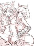  alternate_costume berserker_(granblue_fantasy) commentary_request djeeta_(granblue_fantasy) fangs gauntlets granblue_fantasy monochrome mouth_hold multiple_girls nikke_(cherish) nude ogre_(granblue_fantasy) oni_horns short_hair wolf_pelt 