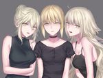  ahoge arm_at_side artoria_pendragon_(all) artoria_pendragon_(lancer_alter) bangs black_shirt blonde_hair breasts buttons camisole casual choker cleavage collarbone fate/grand_order fate_(series) girl_sandwich grey_background hair_between_eyes hair_bun jeanne_d'arc_(alter)_(fate) jeanne_d'arc_(fate)_(all) large_breasts long_hair looking_at_viewer multiple_girls nipi27 parted_lips puffy_short_sleeves puffy_sleeves saber_alter sandwiched self_hug shade shirt short_sleeves sidelocks silver_hair simple_background sleeveless upper_body yellow_eyes 