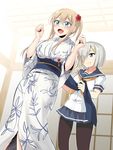  alternate_costume arms_up black_legwear blonde_hair blue_eyes blue_skirt breasts commentary flower graf_zeppelin_(kantai_collection) hair_flower hair_ornament hair_over_one_eye hairclip hamakaze_(kantai_collection) highres huge_breasts ijima_yuu japanese_clothes kantai_collection kimono long_sleeves medium_breasts multiple_girls neckerchief obi open_mouth pantyhose sailor_collar sash school_uniform serafuku short_hair short_sleeves side_ponytail sidelocks silver_hair skirt smile standing wide_sleeves yellow_neckwear yukata 