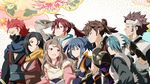  4girls asama_(fire_emblem_if) blue_hair breasts brown_hair cleavage closed_eyes fire_emblem fire_emblem_if flower hair_over_one_eye headband highres hinata_(fire_emblem_if) kagerou_(fire_emblem_if) kazahana_(fire_emblem_if) large_breasts leaf long_hair mask multiple_boys multiple_girls oboro_(fire_emblem_if) open_mouth pink_eyes ponytail red_eyes red_hair saizou_(fire_emblem_if) scarf setsuna_(fire_emblem_if) toshi_(toshi10416) tsubaki_(fire_emblem_if) 