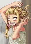  4shi bags_under_eyes bangs blonde_hair blunt_bangs boku_no_hero_academia brushing_teeth dirty dirty_clothes drooling fangs hair_bun hair_ornament hairpin highres long_hair messy_hair open_mouth solo toga_himiko tying_hair upper_body yellow_eyes 