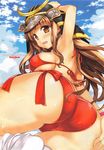  absurdres arm_up armor armpits ass bikini blue_sky blush bracelet breasts brown_eyes brown_hair cloud day from_behind helmet highres japanese_armor jewelry kabuto large_breasts long_hair looking_at_viewer looking_back open_mouth original outdoors red_bikini scan side-tie_bikini sideboob sky smile solo swimsuit white_legwear yan-yam 