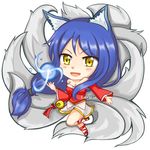  absurdres ahri animal_ears bare_shoulders black_hair breasts chibi detached_sleeves fox_ears fox_tail highres karrarin korean_clothes large_breasts league_of_legends long_hair looking_at_viewer multiple_tails open_mouth simple_background solo tail white_background yellow_eyes 