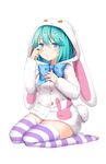  :o :x animal_costume animal_ears animal_hood bad_id bad_pixiv_id blue_bow blue_eyes blue_hair blue_neckwear blush bow bowtie bunny_costume bunny_ears bunny_hood bunny_tail buttons eyebrows eyebrows_visible_through_hair fake_animal_ears fake_tail full_body hand_on_own_chest hatsune_miku highres hood long_hair long_sleeves mamemena parted_lips seiza simple_background sitting solo striped striped_legwear tail teardrop tears vocaloid white_background wiping_tears 