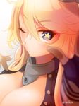  against_fourth_wall against_glass bangs blonde_hair blue_eyes blurry breasts cleavage close-up depth_of_field eyebrows eyebrows_visible_through_hair eyelashes face fingerless_gloves flashing fourth_wall from_side gloves gradient gradient_background hair_between_eyes headgear iowa_(kantai_collection) kantai_collection large_breasts lips long_hair looking_at_viewer one_eye_closed pout pouty_lips sasano_shiki solo star star-shaped_pupils swept_bangs symbol-shaped_pupils twitter_username unbuttoned upper_body white_background 