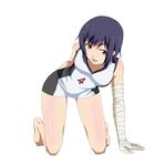  akou_(phoenix777) bakemonogatari bandages barefoot basketball_uniform black_hair brown_eyes collarbone highres kanbaru_suruga looking_at_viewer monogatari_(series) open_mouth short_hair solo sportswear 