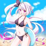  beach bikini caro_(shironeko_project) gyuunyuukeepaa highres innertube long_hair purple_eyes shironeko_project side_ponytail silver_hair solo standing swimsuit 