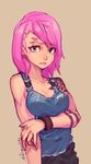  alternate_hair_length alternate_hairstyle artstation_sample bare_shoulders black_shorts breast_hold breasts cleavage collarbone commentary cowboy_shot donghyun_shin green_eyes highres image_sample large_breasts lips long_hair looking_at_viewer overwatch pink_hair pink_lips scar scar_across_eye shorts simple_background sleeveless solo tank_top tattoo teenage wristband younger zarya_(overwatch) 