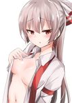  amamitsu_kousuke blush bow breasts fujiwara_no_mokou hair_bow long_hair long_sleeves looking_at_viewer medium_breasts navel nipple_slip nipples no_bra open_clothes open_shirt red_eyes shirt silver_hair simple_background sketch solo suspenders touhou upper_body white_background 