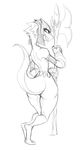  abstract_background anthro armor axe belt bottomless butt clothed clothing curvaceous ever_oasis female gloves guoh helmet leaning looking_back melee_weapon miura monochrome nude open_mouth raised_tail scalie smile solo tongue weapon wide_hips 