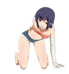  akou_(phoenix777) bakemonogatari bandages barefoot black_hair brown_eyes collarbone denim denim_shorts full_body groin highres kanbaru_suruga long_legs looking_at_viewer monogatari_(series) navel open_mouth short_hair short_shorts shorts simple_background solo white_background 