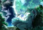  blue_eyes clouds dress grass hatsune_miku mariwai_(marireroy) moon night stars vocaloid white_hair 