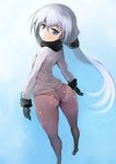  ass back black_gloves blue_eyes gloves highres johan_(johan13) long_hair looking_at_viewer original panties ponytail solo underwear white_hair 