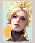  artist_name blonde_hair blue_eyes eyelashes face high_collar high_ponytail lips looking_at_viewer mercy_(overwatch) overwatch parted_lips peter_xiao portrait short_hair solo upper_body 