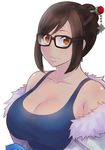  bangs bare_shoulders beads bl00d_h00d black-framed_eyewear breasts brown_eyes brown_hair cleavage coat collarbone dress fur-trimmed_jacket fur_coat fur_trim glasses hair_bun hair_ornament hair_stick highres jacket large_breasts lips looking_at_viewer mei_(overwatch) off_shoulder open_clothes open_jacket overwatch parka short_hair sidelocks smile snowflake_hair_ornament solo swept_bangs tank_top upper_body winter_clothes winter_coat 