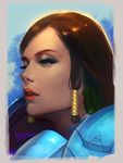  armor artist_name bodysuit brown_hair dark_skin eyelashes face hair_tubes long_hair overwatch parted_lips pauldrons peter_xiao pharah_(overwatch) portrait power_armor shoulder_pads solo upper_body 