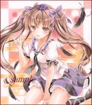  bangs black_feathers black_legwear black_neckwear border bow brown_eyes brown_hair checkered checkered_skirt colored_pencil_(medium) egasumi feathers frilled_shirt_collar frills hair_bow hat himekaidou_hatate index_finger_raised kneehighs kneeling long_hair looking_at_viewer marker_(medium) miniskirt necktie open_mouth petticoat potto puffy_short_sleeves puffy_sleeves purple_bow sample shirt short_sleeves sidelocks skirt solo tokin_hat touhou traditional_media twintails white_shirt 
