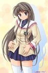  blue_eyes brown_hair clannad copyright_name hairband hands_on_own_stomach hikarizaka_private_high_school_uniform long_hair pleated_skirt ryp sakagami_tomoyo school_uniform shadow skirt solo standing thighhighs white_legwear zettai_ryouiki 