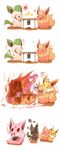  4koma :3 anger_vein angry azuma_minatsu blush chopsticks comic drooling eating espeon fire flareon forked_tail gen_1_pokemon gen_2_pokemon gen_4_pokemon highres jolteon leafeon no_humans o_o pokemon pokemon_(creature) tail trolling 