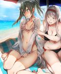  ;d absurdres ankle_scrunchie bare_legs bare_shoulders barefoot beach beach_umbrella bikini black_bikini blue_sky blush breasts brown_eyes cleavage cloud covering covering_crotch day embarrassed frilled_bikini frills front-tie_top green_eyes green_hair hair_ribbon hairband highres jacket kantai_collection large_breasts long_hair multiple_girls navel ocean one_eye_closed open_clothes open_jacket open_mouth outdoors pink_bikini ribbon sand scrunchie seiza shoukaku_(kantai_collection) side-tie_bikini silver_hair sitting sky sleeves_past_wrists small_breasts smile sweat swimsuit twintails umbrella v_arms wariza water white_ribbon yakitomeito zuikaku_(kantai_collection) 