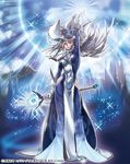  1girl breasts duel_monster female hat impossible_clothes konami large_breasts long_hair looking_at_viewer magic official_art silent_magician silver_hair sky solo staff wizard_hat yu-gi-oh! 