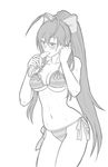 antenna_hair banana bikini blazblue blazblue_remix_heart blush bow breasts cleavage covered_nipples cowboy_shot eating food fruit genderswap genderswap_(mtf) greyscale hair_between_eyes hair_bow hand_in_hair highres large_breasts long_hair looking_down mai_natsume monochrome navel open_mouth phallic_symbol ponytail reptileye ribbon saliva sexually_suggestive side-tie_bikini sidelocks simple_background solo standing stomach striped striped_bikini swimsuit very_long_hair white_background 