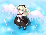  black_dress blonde_hair boku_wa_tomodachi_ga_sukunai dress feathers gothic_lolita hairband hasegawa_kobato highres holding lolita_fashion lolita_hairband long_hair nikova smile solo water wings 