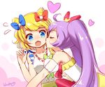  ahoge artist_name bangs bare_shoulders blonde_hair blue_bow blue_eyes blueberry_(5959) blush bow cheek_kiss closed_eyes collarbone double_bun dress embarrassed flying_sweatdrops hair_bow heart kiss long_hair manaka_lala minami_mirei multiple_girls pretty_(series) pripara purple_hair red_bow short_hair simple_background sketch twintails wavy_mouth white_background yuri 