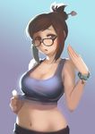  bangs bare_shoulders bead_bracelet beads black-framed_eyewear black_pants blurry blush bracelet breasts brown_eyes brown_hair cleavage collarbone cowboy_shot crop_top glasses hair_bun hair_ornament hair_stick highres hot jewelry large_breasts looking_at_viewer mei_(overwatch) midriff navel open_mouth overwatch pants redpencil short_hair sidelocks solo stomach sweat sweatdrop swept_bangs tank_top 