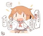  arm_up blush_stickers brown_hair chibi commentary_request fang food hair_ornament hairclip hanomido ikazuchi_(kantai_collection) kantai_collection long_sleeves motion_lines neckerchief open_mouth outstretched_arm plate school_uniform serafuku short_hair solid_eyes solo spoken_food spoken_object sushi translated |_| 