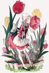  absurdres apron blonde_hair bow braid closed_eyes dress eyebrows eyebrows_visible_through_hair faux_figurine fence flower full_body headdress highres kiss lace long_sleeves original ozyako slippers solo standing traditional_clothes tulip twin_braids white_background windmill 