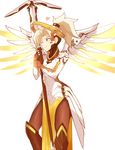  1girl blonde_hair highres mechanical_halo mechanical_wings mercy_(overwatch) overwatch pantyhose sally_(luna-arts) short_ponytail smile solo staff wings 