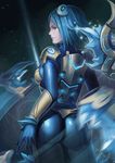  alternate_costume alternate_eye_color alternate_hair_color alternate_hair_length alternate_hairstyle armor ass banned_artist blue_bodysuit blue_hair blurry bodysuit breastplate closed_mouth contrapposto cowboy_shot depth_of_field faulds flipped_hair floating floating_object from_behind frostblade_irelia glint gloves glowing grey_eyes hairpods half-closed_eyes headgear highres ice irelia league_of_legends light_smile looking_at_viewer looking_back machinery motion_blur neon_trim pauldrons profile realistic shiny shiny_clothes short_hair skin_tight smile solo sparkle standing turtleneck vambraces yinan_cui 