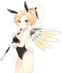  animal_ears bad_id bad_pixiv_id bare_legs bare_shoulders blonde_hair blue_eyes blush breasts bunny_ears bunny_girl bunny_tail bunnysuit cowboy_shot detached_collar eyebrows eyebrows_visible_through_hair fake_animal_ears hair_tie highleg highleg_leotard holding holding_staff holding_weapon large_breasts leotard looking_at_viewer mechanical_wings mercy_(overwatch) overwatch ponytail sabet_(young_ouo) short_hair simple_background solo staff strapless strapless_leotard tail thighs twitter_username weapon white_background wings wrist_cuffs 