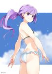  ass bikini from_behind kerorira long_hair nishikawa_youko ponytail purple_eyes purple_hair sansha_san'you solo swimsuit 