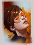  artstation_sample bangs brown_hair face goggles image_sample lips lipstick looking_at_viewer looking_to_the_side makeup nose overwatch parted_lips peter_xiao portrait short_hair smile solo spiked_hair tracer_(overwatch) upper_body 