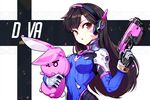  animal_print armor bad_id bad_pixiv_id bangs blush bodysuit breasts brown_eyes brown_hair bunny bunny_print character_name covered_navel d.va_(overwatch) facial_mark gloves gun hand_up handgun headphones high_collar holding holding_gun holding_stuffed_animal holding_weapon hwansang long_hair medium_breasts open_mouth overwatch pauldrons pilot_suit solo stuffed_animal stuffed_bunny stuffed_toy turtleneck upper_body weapon whisker_markings white_gloves 