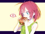  1girl bare_shoulders blue_eyes bra_strap collarbone eating food hamburger highres letterboxed open_mouth original ozyako red_hair short_hair simple_background sleeveless solo spoken_exclamation_mark tank_top upper_body wide-eyed yellow_background 
