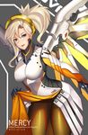  blonde_hair blue_eyes breasts high_ponytail large_breasts mechanical_halo mechanical_wings mercy_(overwatch) negister overwatch pantyhose skirt skirt_lift solo swiss_flag wings yellow_wings 