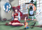  ^_^ anger_vein apron ascot bare_shoulders barefoot blue_ribbon blue_vest blush bow chibi chin_rest cirno closed_eyes commentary cup eating gap glass_shards grin groin hair_bow hair_ornament hair_rings hair_stick hair_tubes hakurei_reimu hat hat_ribbon highres hole_in_wall horn_ribbon horns ibuki_suika indoors kaku_seiga keystone kirisame_marisa midriff multiple_girls navel newspaper peeking red_bow reiuji_utsuho reiuji_utsuho_(bird) ribbon ryuuno_stadtfeld senbei sitting smile sunlight teacup touhou vest waist_apron wariza white_ribbon witch_hat yakumo_yukari 