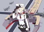  adjusting_clothes adjusting_hat aircraft airplane anchor_symbol bad_id bad_pixiv_id black_gloves blonde_hair cannon capelet cnm collared_shirt flak_lm42 gloves graf_zeppelin_(kantai_collection) hat ju_87 kantai_collection military military_uniform necktie pantyhose peaked_cap pleated_skirt purple_eyes shirt skirt solo twintails uniform white_hat white_shirt 