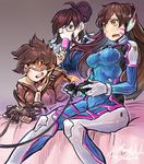  3girls alternate_hairstyle animal_print armor bangs bed bed_sheet black_gloves bodysuit bonesfish boots breasts brown_eyes brown_hair bunny bunny_print collarbone controller d.va_(overwatch) dated eyebrows eyebrows_visible_through_hair facepaint facial_mark food fur_trim game_controller gamepad glasses gloves goggles hair_bun headphones high_collar high_ponytail ice_cream jacket leather leather_jacket long_hair medium_breasts mei_(overwatch) multiple_girls on_bed open_mouth overwatch pilot_suit playing_games ponytail short_hair shoulder_pads signature sitting sitting_on_bed sleeves_rolled_up smile spiked_hair sweatdrop thigh_boots thighhighs tracer_(overwatch) turtleneck whisker_markings white_footwear white_gloves 