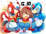  1girl 2boys android beret blonde_hair blue_eyes blush breasts brown_hair closed_mouth dated gloves green_eyes hair_between_eyes hand_holding hat helmet iris_(rockman_x) iroyopon large_breasts long_hair military_hat multiple_boys open_mouth red_hat rockman rockman_x rockman_x4 smile white_gloves x_(rockman) zero_(rockman) 