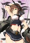  &gt;:) absurdres arm_up armpits ass_visible_through_thighs bare_shoulders breasts brown_hair commentary_request contrapposto cowboy_shot flower gloves green_eyes hairband hand_on_hip hazuki_gyokuto headgear highres kantai_collection looking_at_viewer medium_breasts midriff miniskirt mutsu_(kantai_collection) navel radio_antenna short_hair skirt sleeveless smile solo standing turret underbust v-shaped_eyebrows white_gloves wisteria 