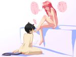  1boy 1girl barefoot blush cat_ears cat_tail choker ejaculation eyes_closed feet foot_licking hairband long_hair nude open_mouth pink_hair red_eyes sitting toes translated 