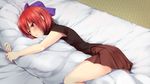  blouse blue_bow blush bow hair_bow hot indoors lying miniskirt nnyara on_side pillow pillow_hug pleated_skirt red_eyes red_hair sekibanki short_hair skirt sleeveless solo sweat touhou 