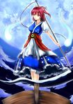  backlighting boat breasts commentary_request full_moon hair_bobbles hair_ornament hazuki_gyokuto hitodama holding holding_weapon japanese_clothes large_breasts moon obi onozuka_komachi puffy_short_sleeves puffy_sleeves red_eyes red_hair sash scythe short_sleeves solo standing touhou two_side_up watercraft weapon 