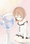  bare_shoulders blanc blancpig_yryr blue_eyes brown_hair electric_fan highres neptune_(series) open_mouth short_hair sitting solo sweat 