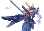  ceda_(dace) green_eyes gundam horns mecha_musume open_mouth purple_hair simple_background twintails woundwort 